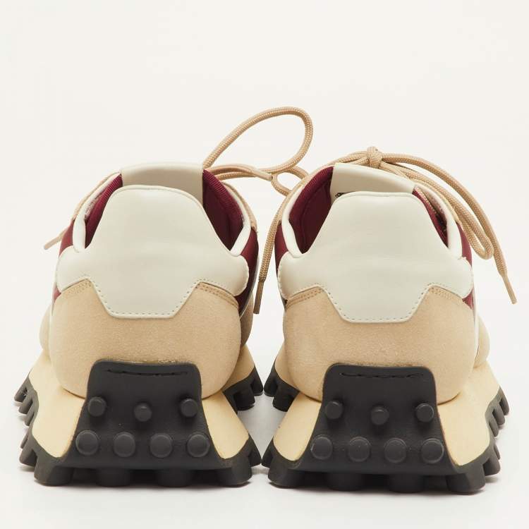 Pre Owned Tod's Size 41.5 Beige/Maroon Fabric, Leather and Suede Low Top Sneakers
