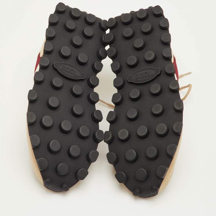 Pre Owned Tod's Size 41.5 Beige/Maroon Fabric, Leather and Suede Low Top Sneakers