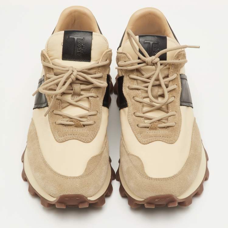 Pre Owned Tod's Size 41.5 Beige/Black Fabric, Leather and Suede Low Top Sneakers