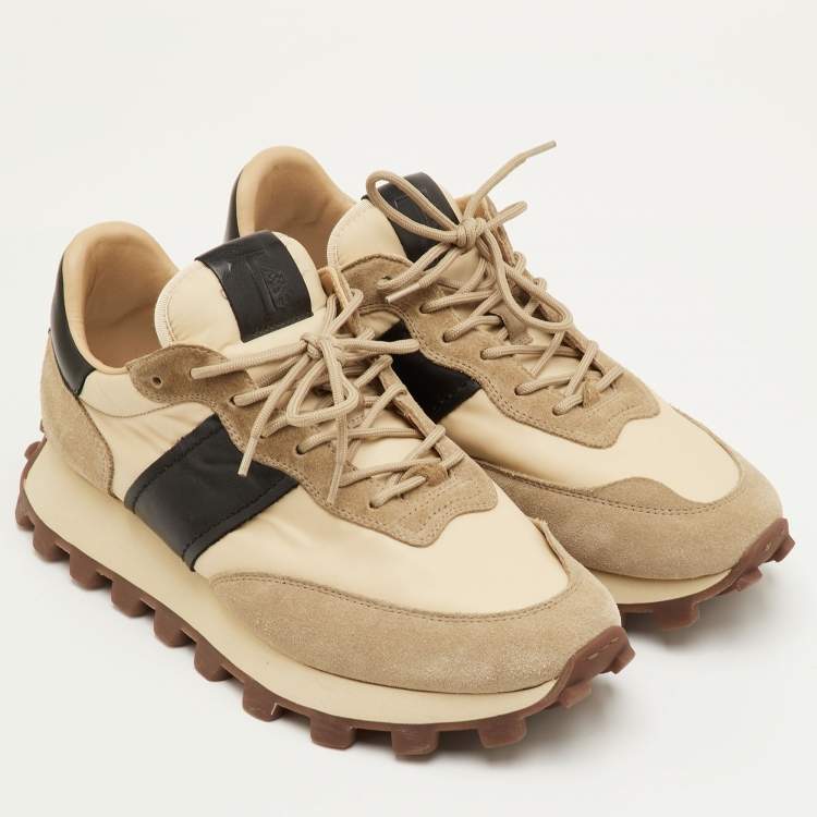 Pre Owned Tod's Size 41.5 Beige/Black Fabric, Leather and Suede Low Top Sneakers