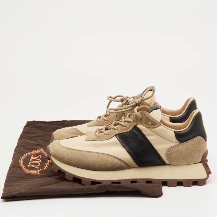 Pre Owned Tod's Size 41.5 Beige/Black Fabric, Leather and Suede Low Top Sneakers