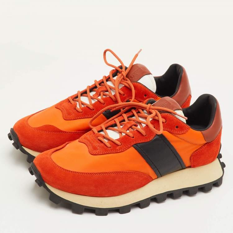 Pre Owned Tod's Size 41.5 Orange/Black Fabric, Leather and Suede Low Top Sneakers