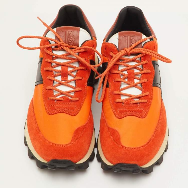 Pre Owned Tod's Size 41.5 Orange/Black Fabric, Leather and Suede Low Top Sneakers