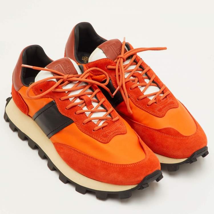 Pre Owned Tod's Size 41.5 Orange/Black Fabric, Leather and Suede Low Top Sneakers