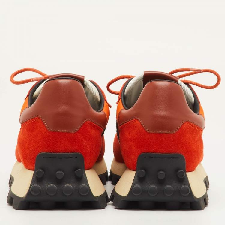 Pre Owned Tod's Size 41.5 Orange/Black Fabric, Leather and Suede Low Top Sneakers