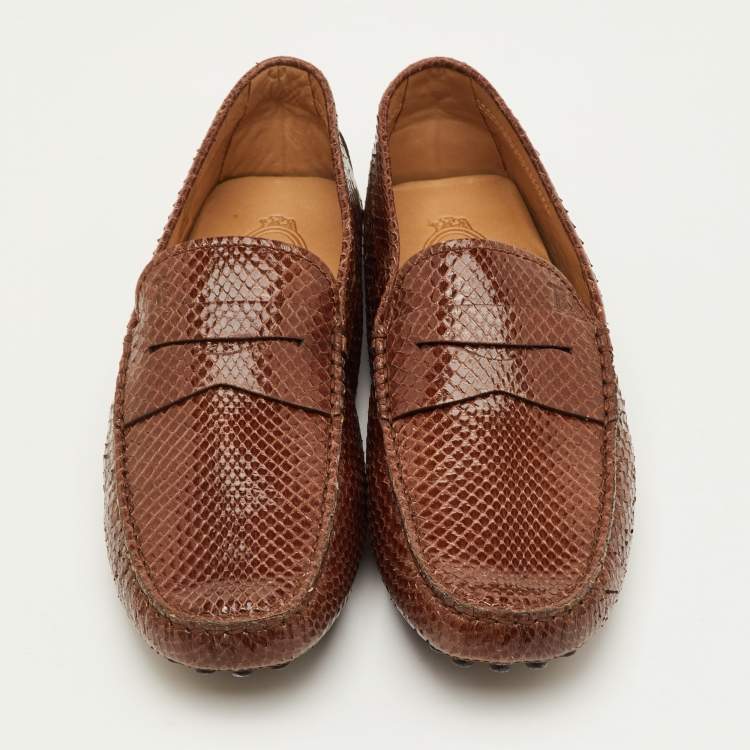 Pre Owned Tod's City Gommino Size 40 Brown Snakeskin Leather Slip On Loafers