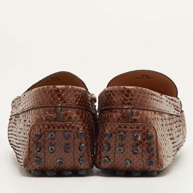 Pre Owned Tod's City Gommino Size 40 Brown Snakeskin Leather Slip On Loafers