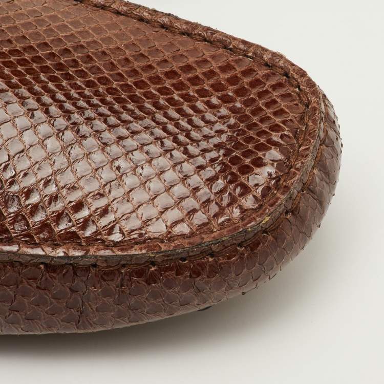 Pre Owned Tod's City Gommino Size 40 Brown Snakeskin Leather Slip On Loafers