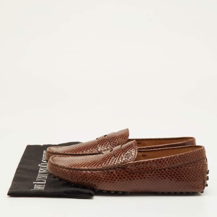 Pre Owned Tod's City Gommino Size 40 Brown Snakeskin Leather Slip On Loafers