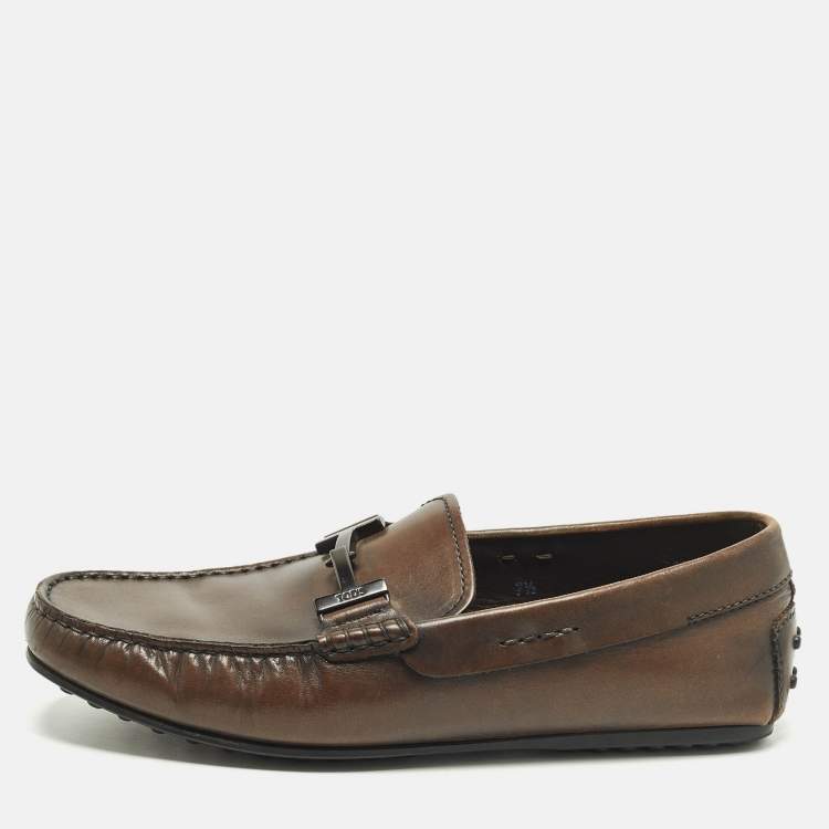 Pre Owned Tod's Doppia Size 41.5 Dark Brown Leather Double T Slip On Loafers