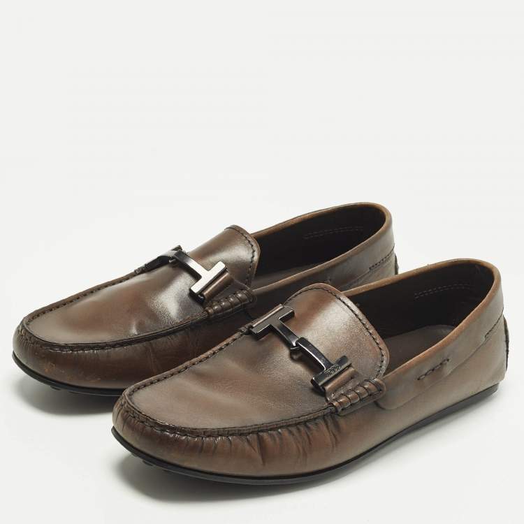 Pre Owned Tod's Doppia Size 41.5 Dark Brown Leather Double T Slip On Loafers
