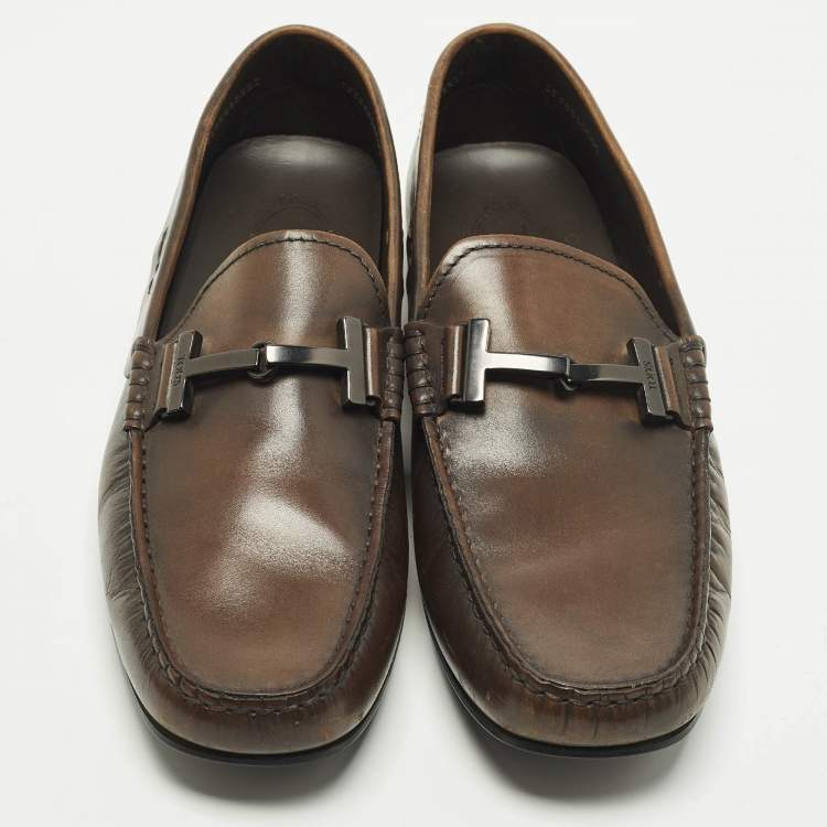 Pre Owned Tod's Doppia Size 41.5 Dark Brown Leather Double T Slip On Loafers