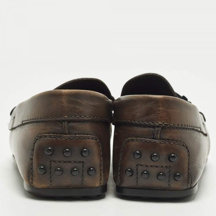 Pre Owned Tod's Doppia Size 41.5 Dark Brown Leather Double T Slip On Loafers