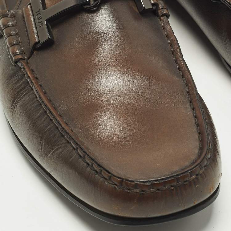 Pre Owned Tod's Doppia Size 41.5 Dark Brown Leather Double T Slip On Loafers