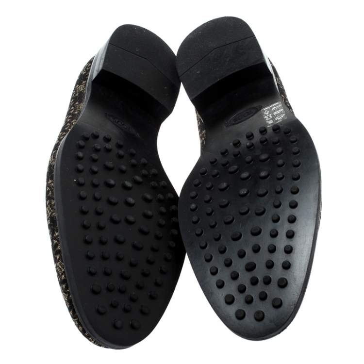 م�ملوكة مسبقًا Tod's Metallic Black And Gold Brocade Fabric Slip On Loafers Size 42