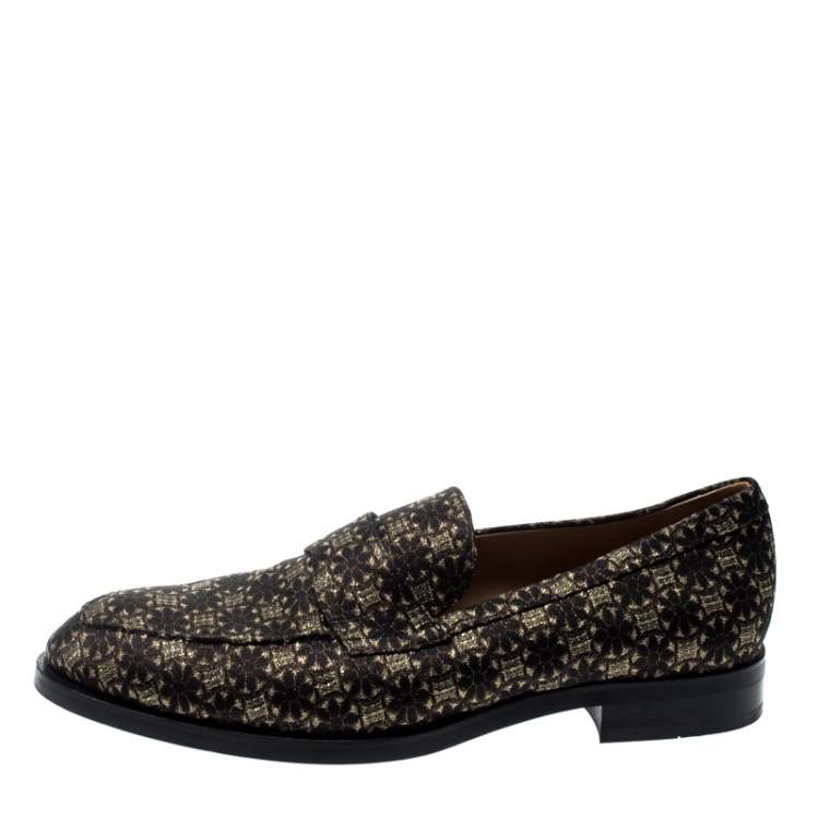 مملوكة مسبقًا Tod's Metallic Black And Gold Brocade Fabric Slip On Loafers Size 42
