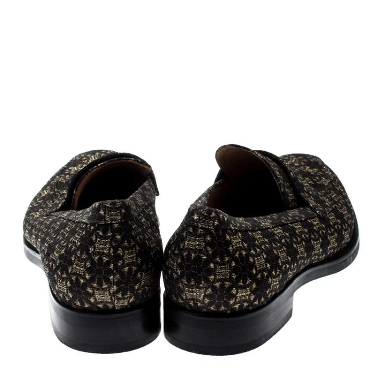 مملوكة مسبقًا Tod's Metallic Black And Gold Brocade Fabric Slip On Loafers Size 42
