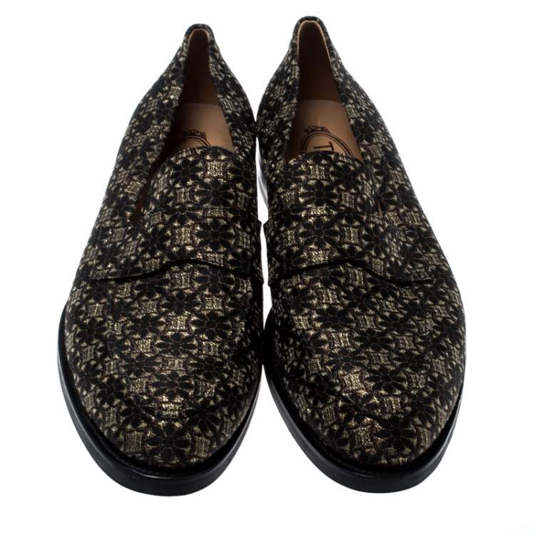 مملوكة مسبقًا Tod's Metallic Black And Gold Brocade Fabric Slip On Loafers Size 42