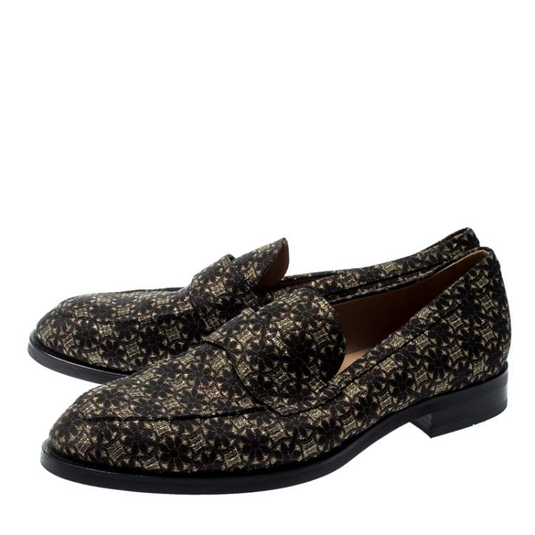 مملوكة مسبقًا Tod's Metallic Black And Gold Brocade Fabric Slip On Loafers Size 42