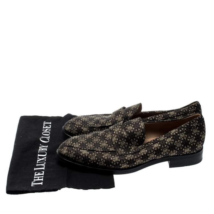 مملوكة مسبقًا Tod's Metallic Black And Gold Brocade Fabric Slip On Loafers Size 42