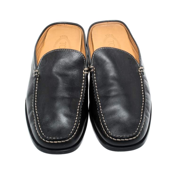 Pre Owned Tod's Black Leather Flat Loafer Mules Size 42.5