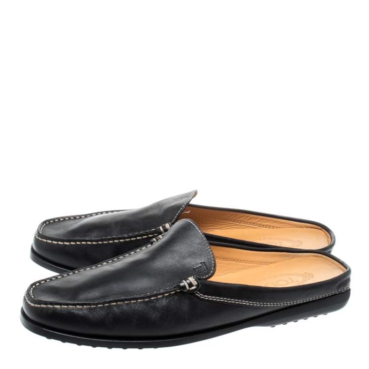 Pre Owned Tod's Black Leather Flat Loafer Mules Size 42.5