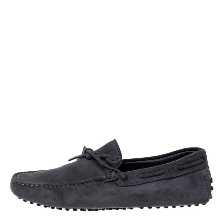 Pre Owned Tod's Grey Suede Leather Bow Slip On Loafers Size 42