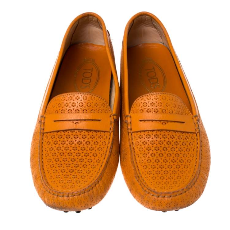 Pre Owned Tod's Orange Lasercut Leather Gommino Driving Loafers Size 39.5