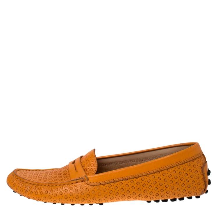 Pre Owned Tod's Orange Lasercut Leather Gommino Driving Loafers Size 39.5