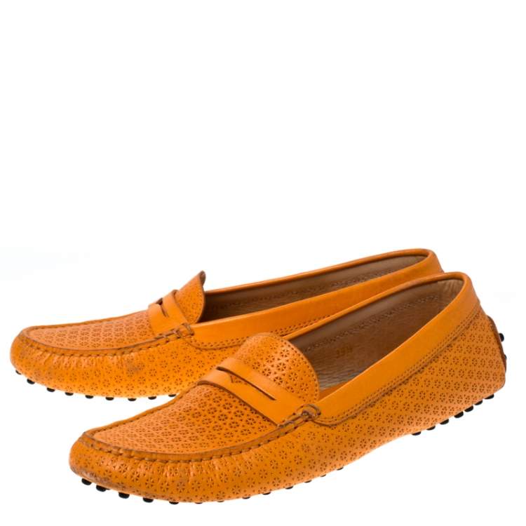 Pre Owned Tod's Orange Lasercut Leather Gommino Driving Loafers Size 39.5