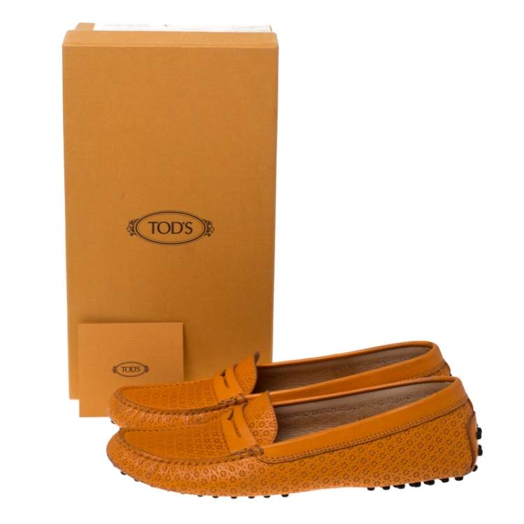 Pre Owned Tod's Orange Lasercut Leather Gommino Driving Loafers Size 39.5