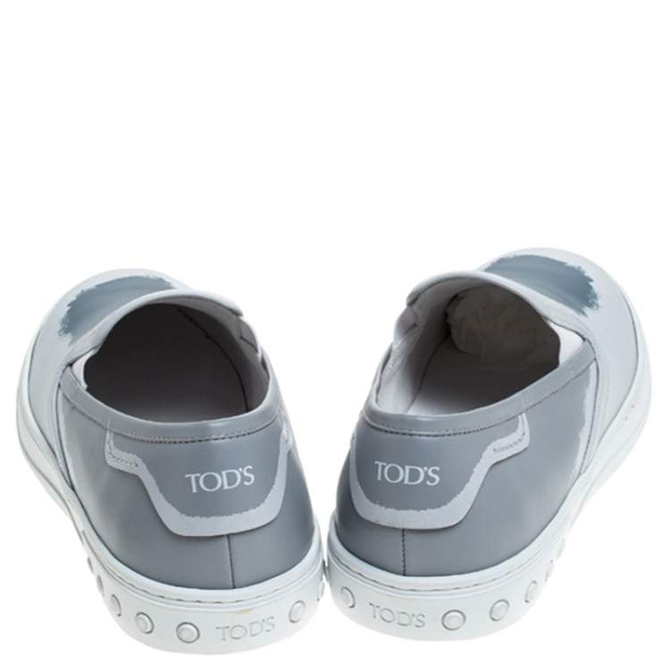 Pre Owned Tod's Grey/Blue Leather Paint Splotch Slip On Sneakers Size 43