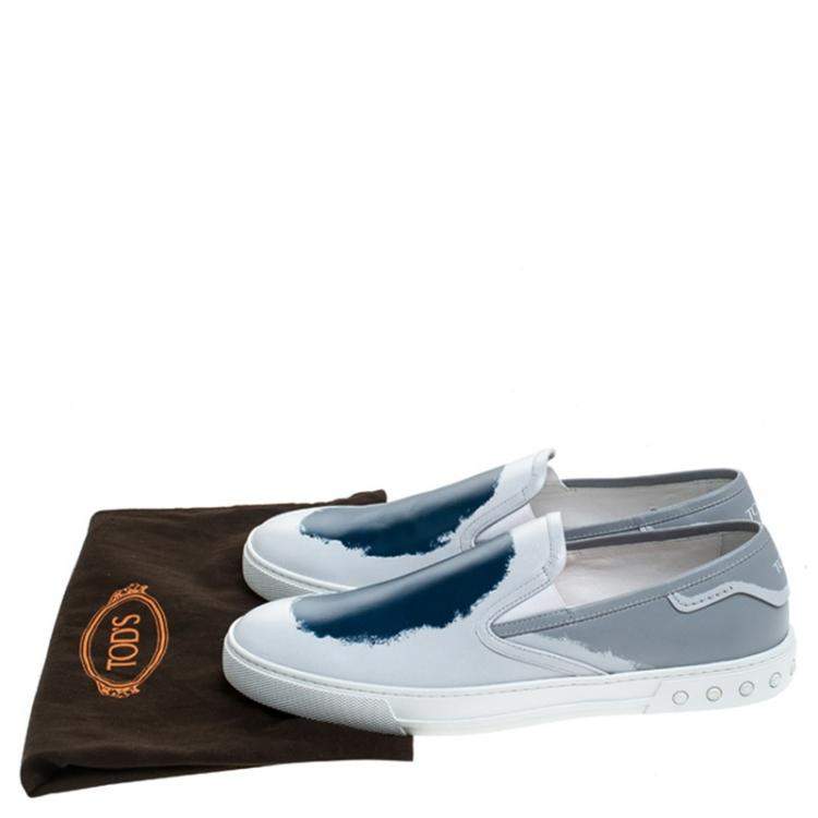 Pre Owned Tod's Grey/Blue Leather Paint Splotch Slip On Sneakers Size 43