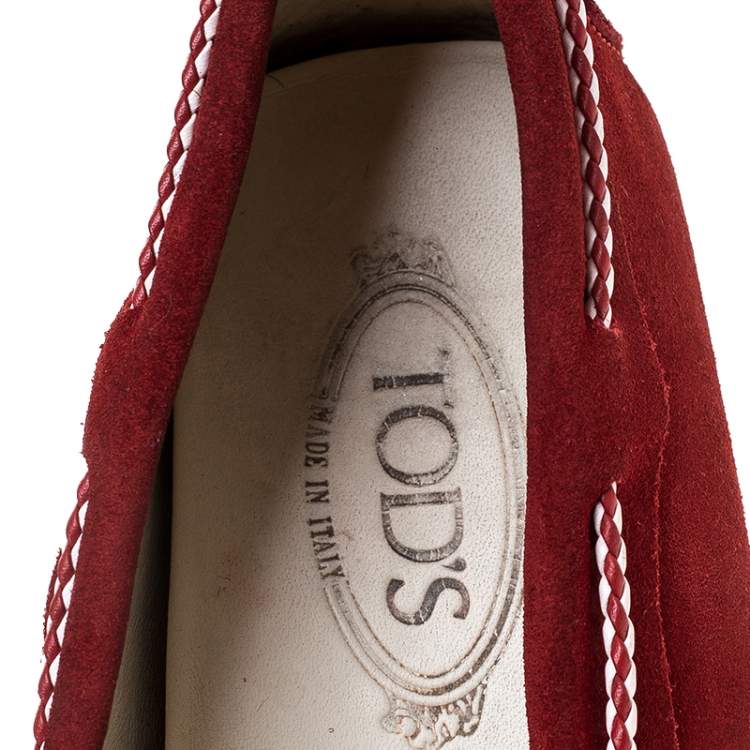 Pre Owned Tod’s Red Suede Leather Bow Slip On Loafers Size 45.5