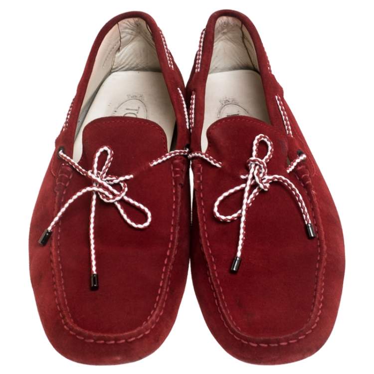 Pre Owned Tod’s Red Suede Leather Bow Slip On Loafers Size 45.5