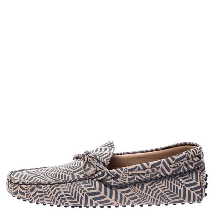 Pre Owned Tod's Beige and Grey Printed Leather Bow Loafers Size 42.5