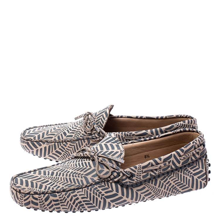 Pre Owned Tod's Beige and Grey Printed Leather Bow Loafers Size 42.5