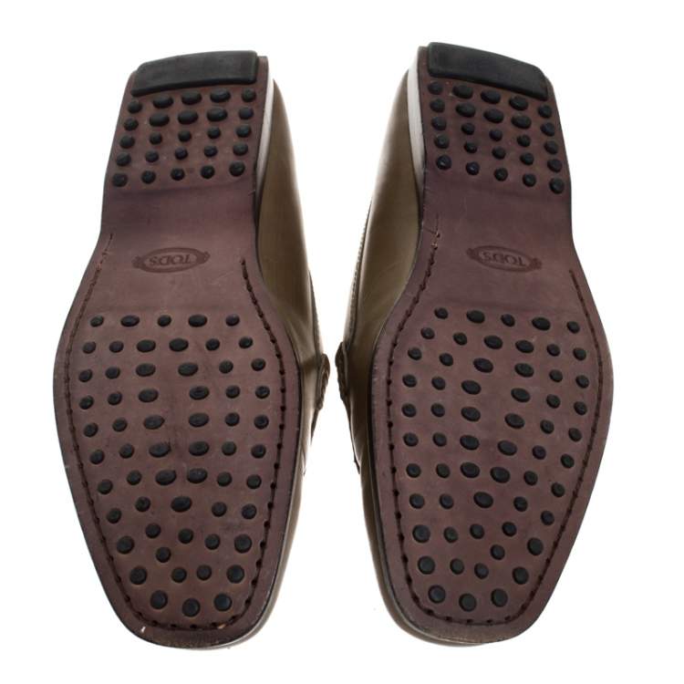 Pre Owned Tod's Olive Green Leather Slip Moccasins Size 41.5