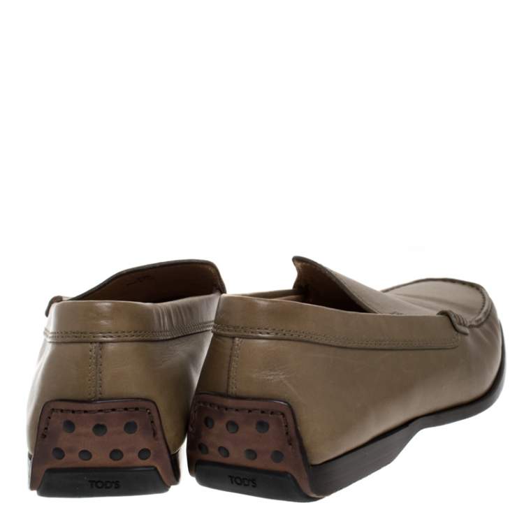 Pre Owned Tod's Olive Green Leather Slip Moccasins Size 41.5
