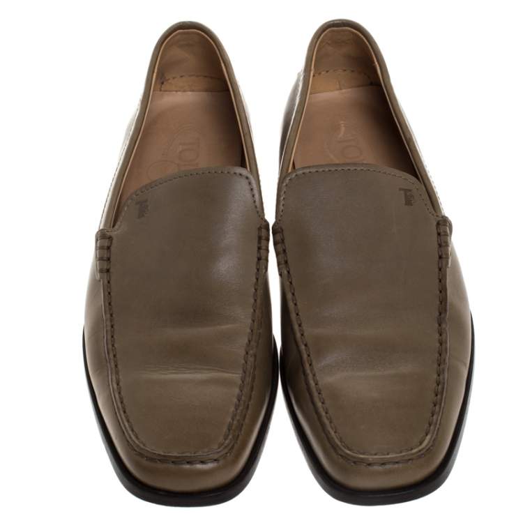 Pre Owned Tod's Olive Green Leather Slip Moccasins Size 41.5