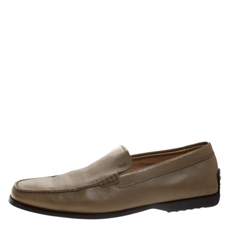 Pre Owned Tod's Olive Green Leather Slip Moccasins Size 41.5