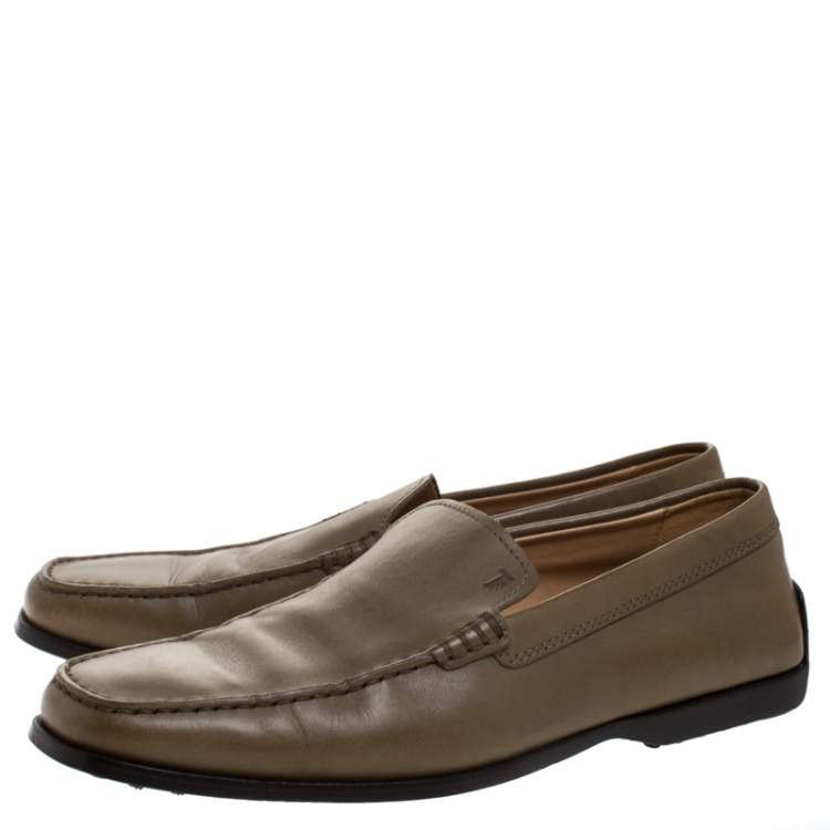 Pre Owned Tod's Olive Green Leather Slip Moccasins Size 41.5