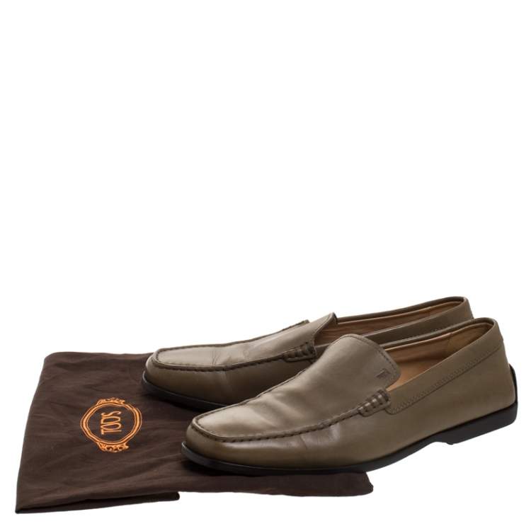 Pre Owned Tod's Olive Green Leather Slip Moccasins Size 41.5