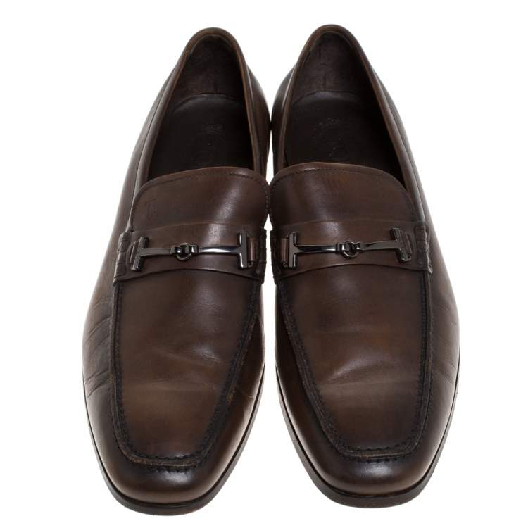 Pre Owned Tod's Brown Leather Double T Slip On Loafers Size 42.5