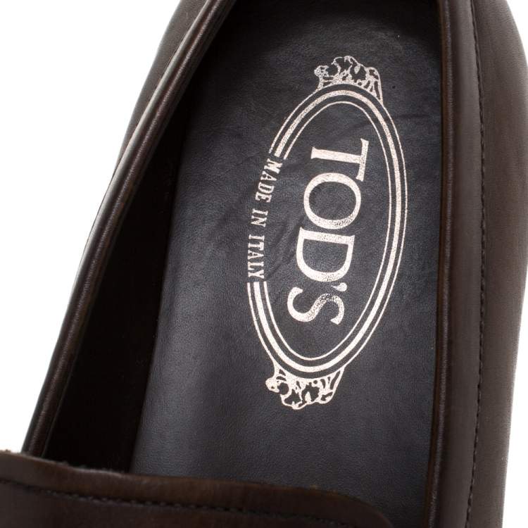 Pre Owned Tod's Brown Leather Double T Slip On Loafers Size 42.5