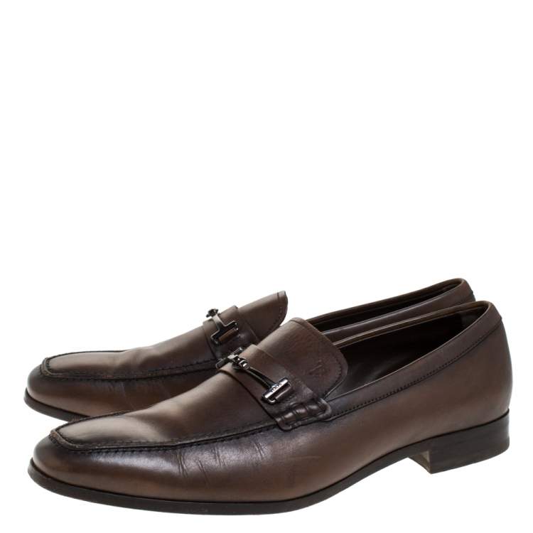 Pre Owned Tod's Brown Leather Double T Slip On Loafers Size 42.5