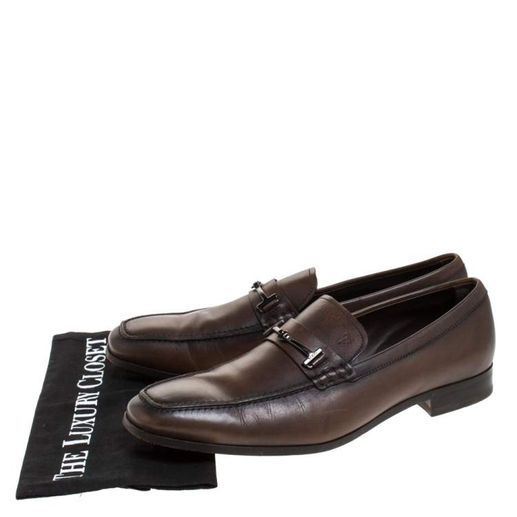 Pre Owned Tod's Brown Leather Double T Slip On Loafers Size 42.5