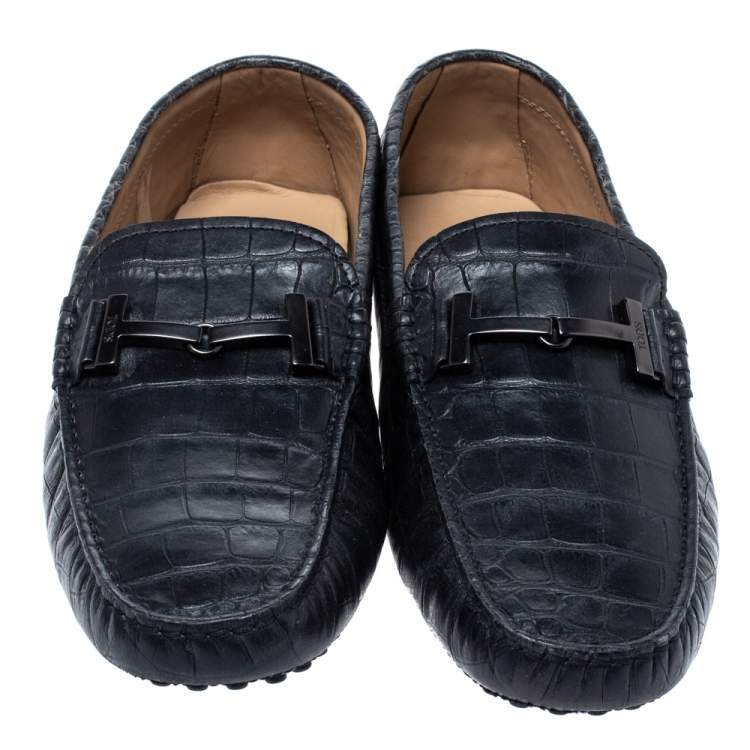 Pre Owned Tod's Black Croc Embossed Leather Double T Loafer Size 42.5