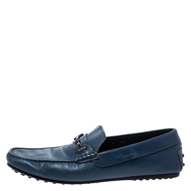 Pre Owned Tod's Blue Leather Double T Loafers Size 42.5