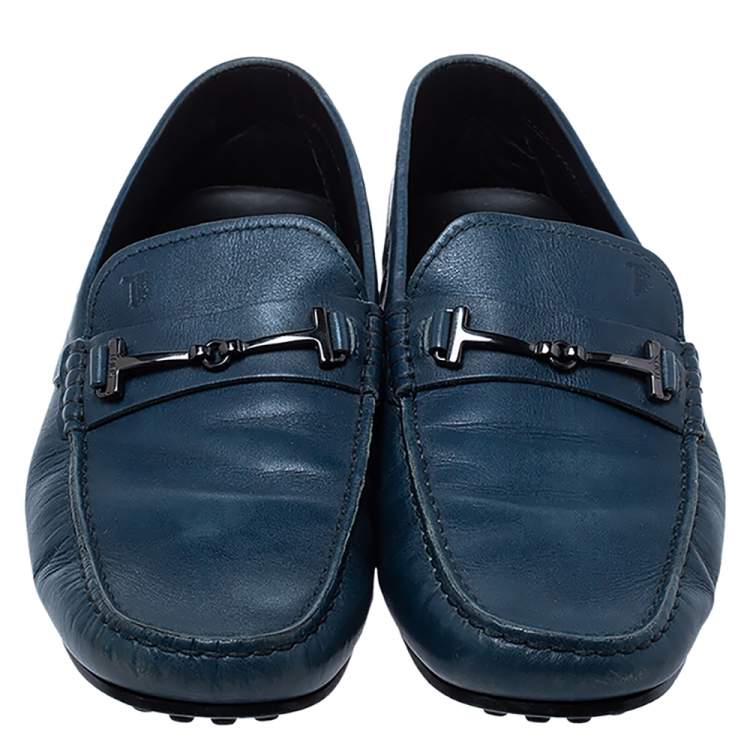 Pre Owned Tod's Blue Leather Double T Loafers Size 42.5